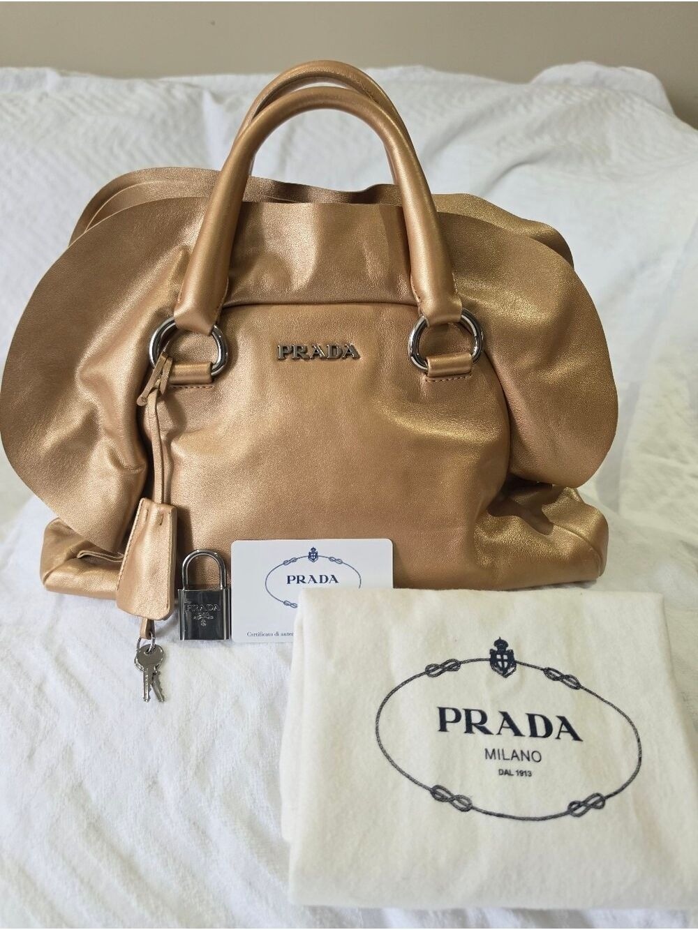 Prada Gold Leather Top Handle Tote Bag
